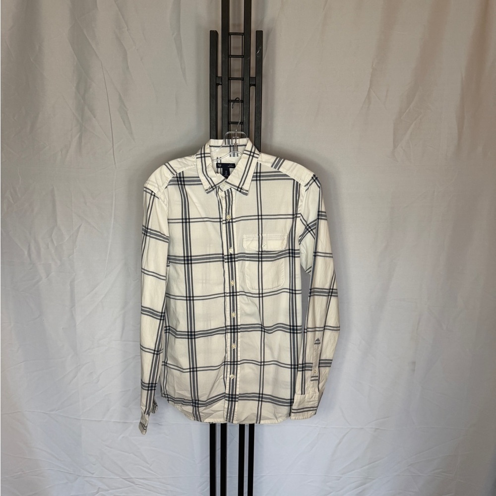 GAP Men's Cream and Dark Blue Plaid Shirt